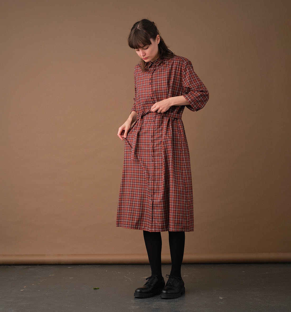 Maitlandmeg Svala Rust-Colored Windowpane Shirt Dress