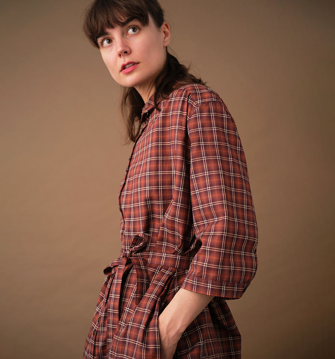 Maitlandmeg Svala Rust-Colored Windowpane Shirt Dress